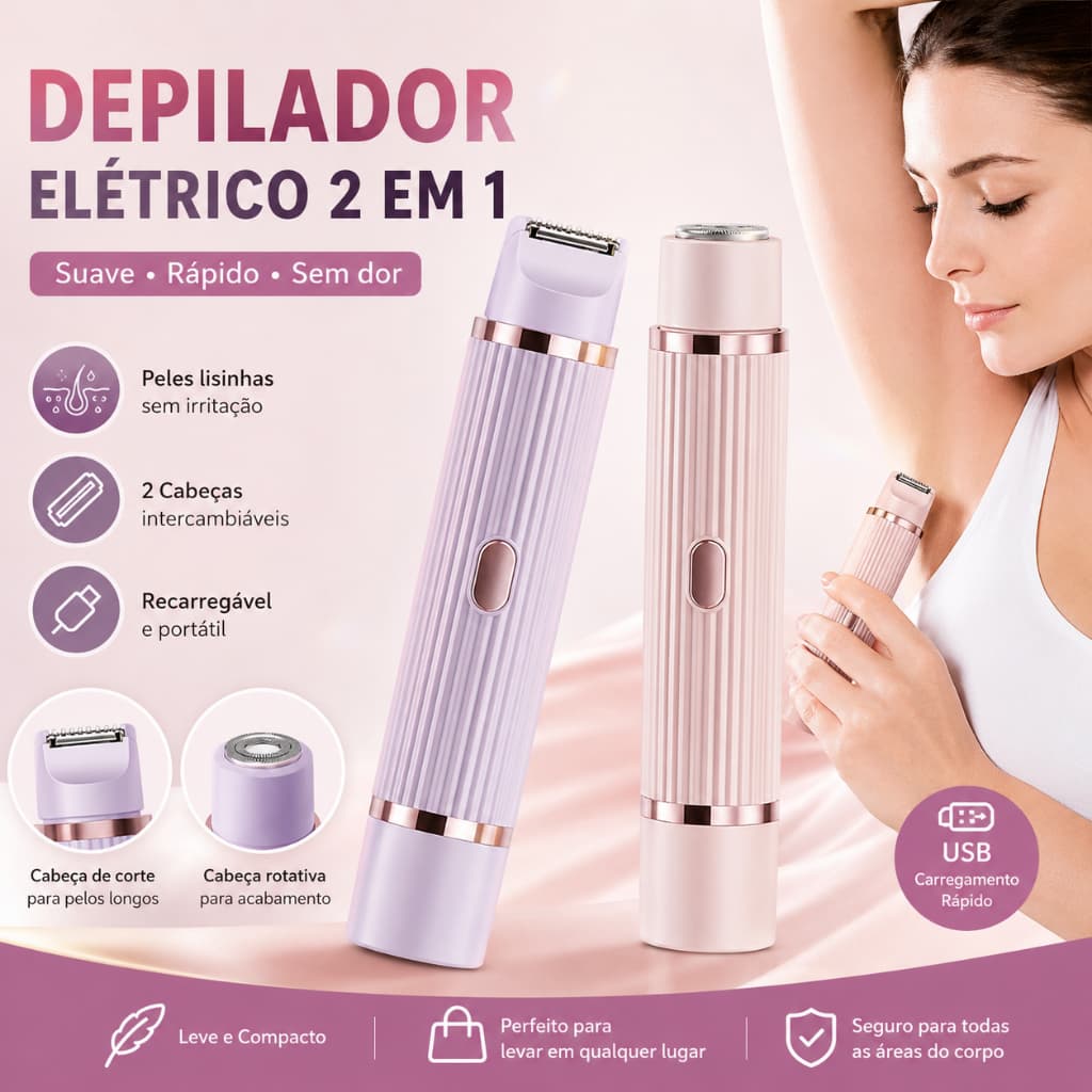 Depilador Feminino Elétrico Dupla Lâmina Recarregável, IPX7, Uso Úmido e Seco, Depilação Suave