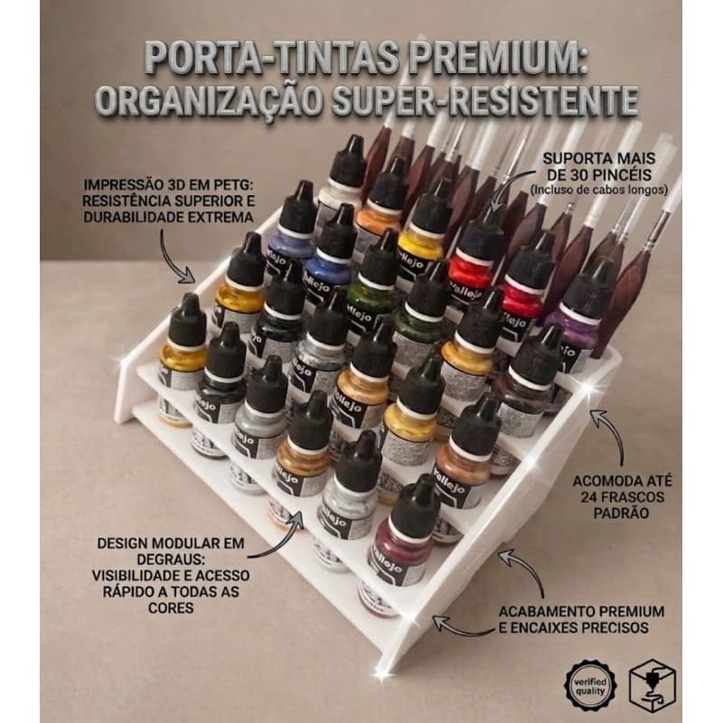 Suporte De Tintas e Organizador e Pincéis - Para tintas padrão Vallejo/AK/Green Stuff (17ml)