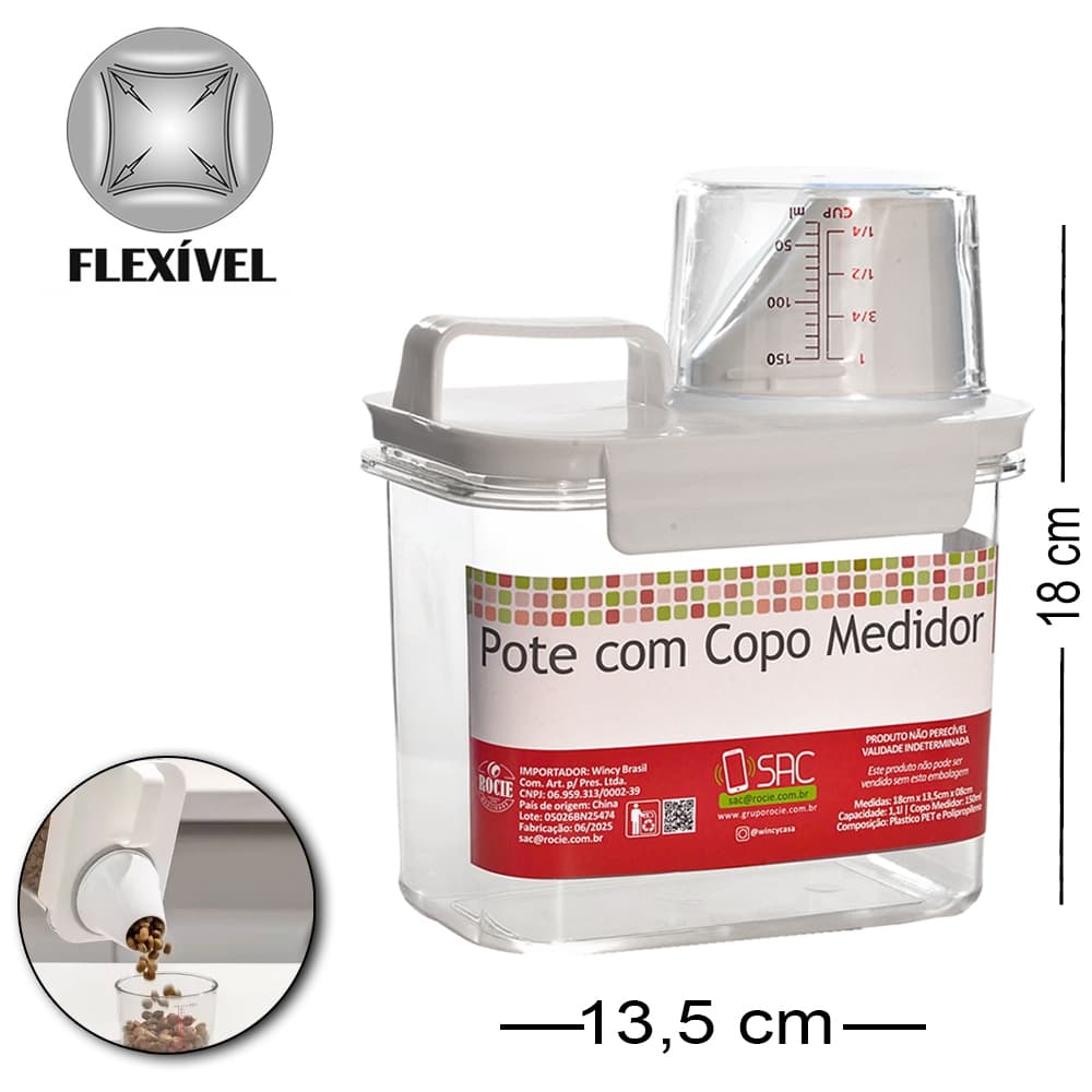 DISPENSER MULTIUSO DE PLASTICO PET FLEXIVEL COM COPO TAMPA GRADUADO + TRAVA E ALCA 1100/150ML