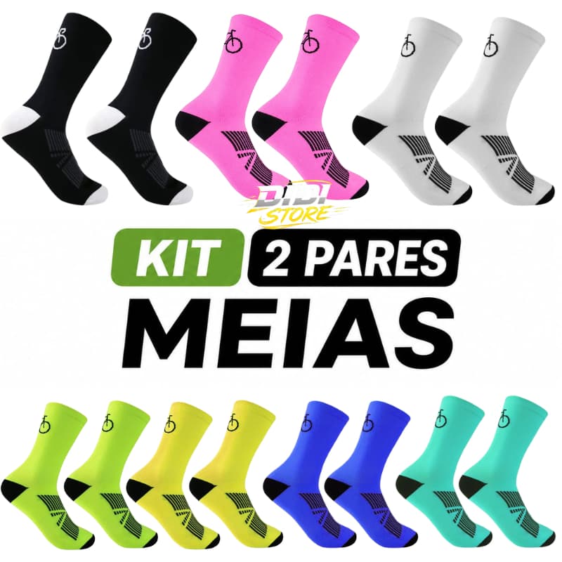 Kit 2 Pares de Meias de Compressão Ciclismo Bike Cano Médio Esportiva Respirável Corrida Academia Unissex