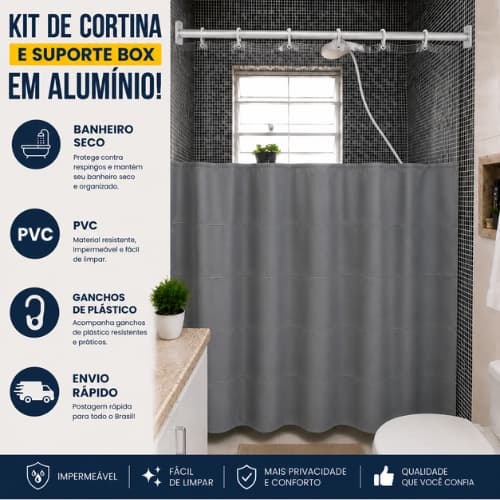 Kit Suporte + Cortina Box com Visor Banheiro 100% PVC AntiMofo Resistente Alta Qualidade Com Ganchos