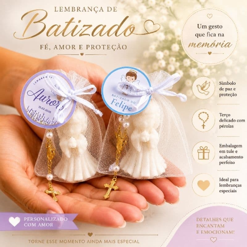 Kit 10 Velas Anjinho Aromáticas + Mini Terço + Saco Organza + Tag Personalizada para Batizado, Chá de Bebê e Crisma