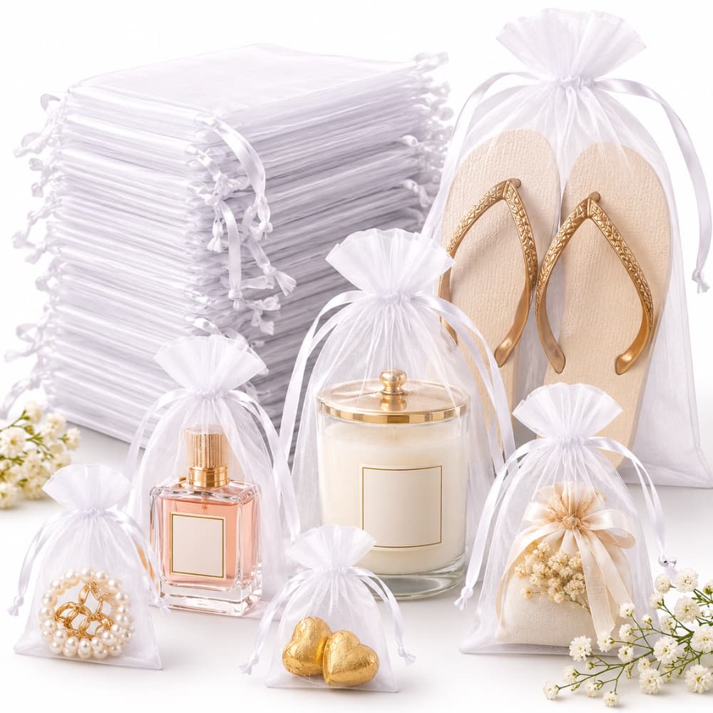Kit 10/20/50/100 Saco Organza Branco 7x9 9x12 10x15 20x30cm Saquinho Tule Lembrancinha Joia Aniversário Maternidade