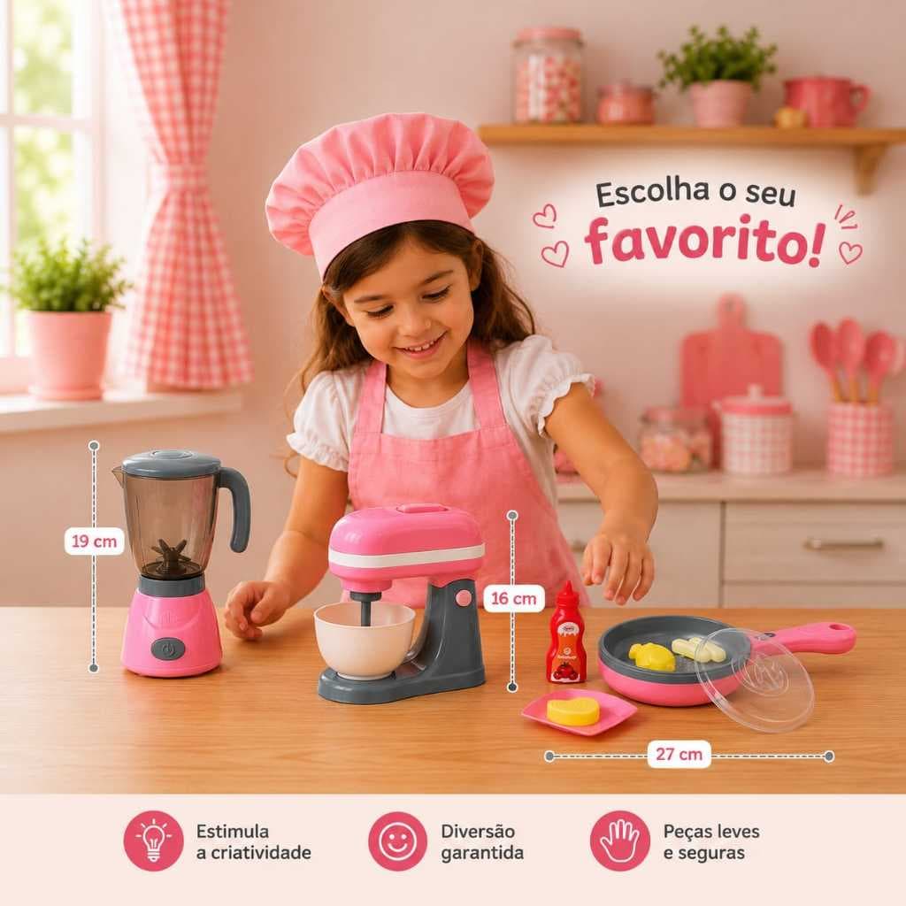 Mini Liquidificador, Batedeira, Frigideira a Pilha Brinquedo Infantil