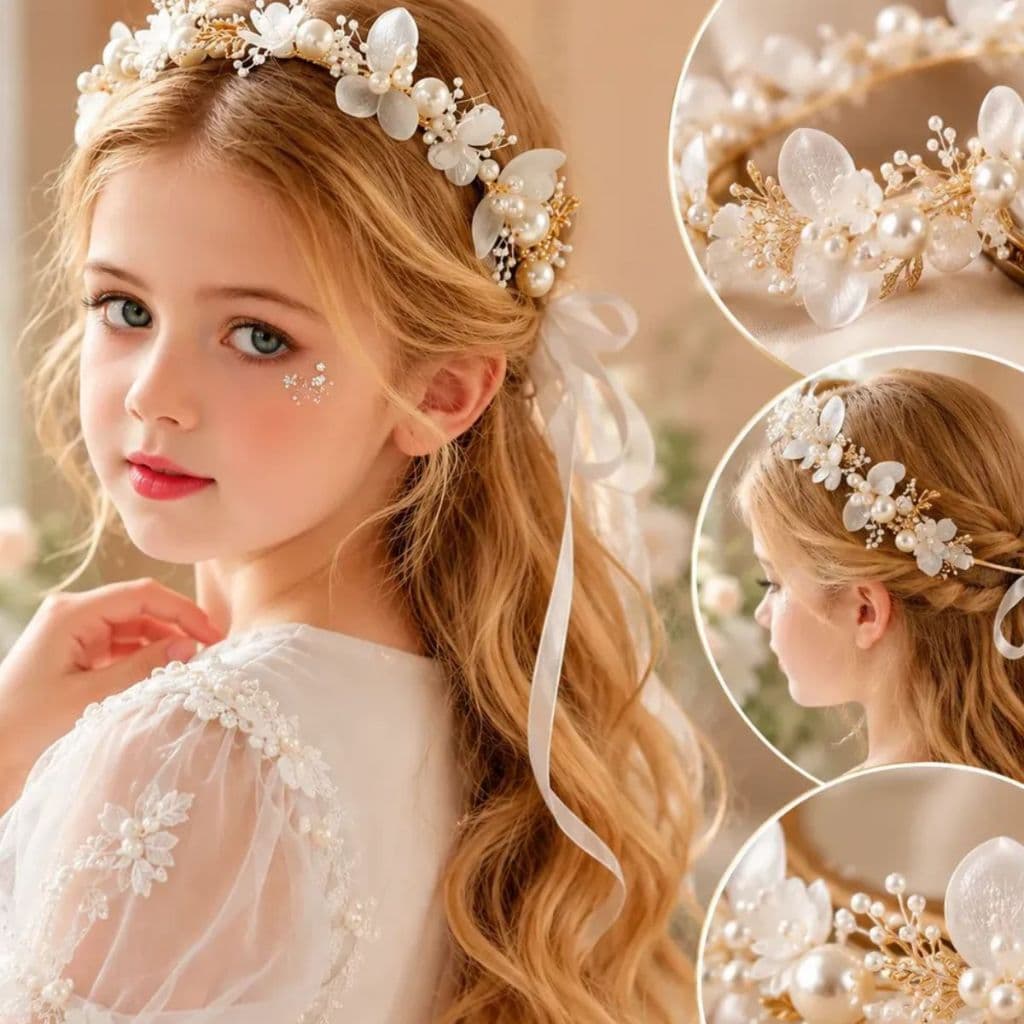 Tiara Bracelete Daminha de Honra Florista Coroa de Flores e Perolas Enfeite Cabelo Batizado Dourado