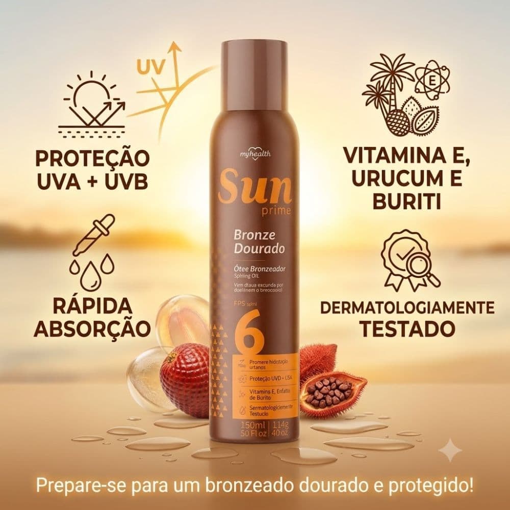 Óleo Bronzeador FPS 6 My Health Sun Prime Bronze Dourado Urucum Buriti Vitamina E 150ml