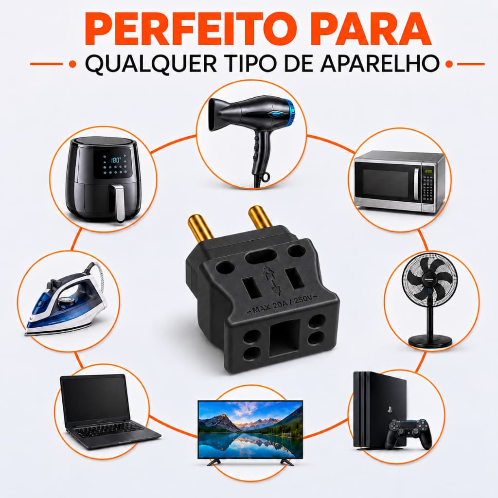 Adaptador Resistente Forno Eletrico Secador De Cabelo Air Fryer Microondas Pino Grosso 20A 10A Preto