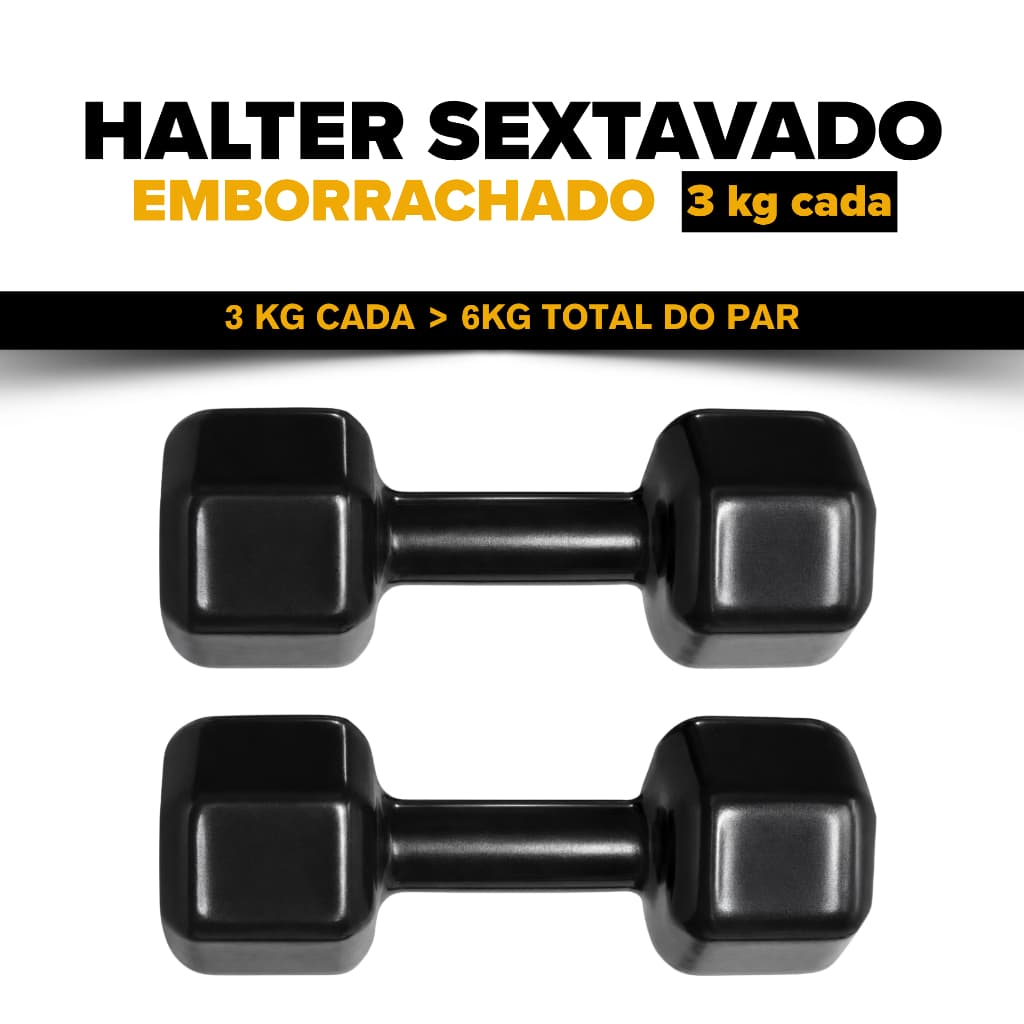 Par de Halter Sextavado Emborrachado 3kg - Qualidade Premium