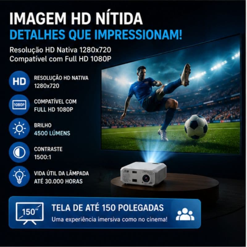 Projetor Portátil E470 WiFi Bluetooth 5.0 HD Nativo 720P 4500 Lumens Tela 150" Espelhamento Android iPhone