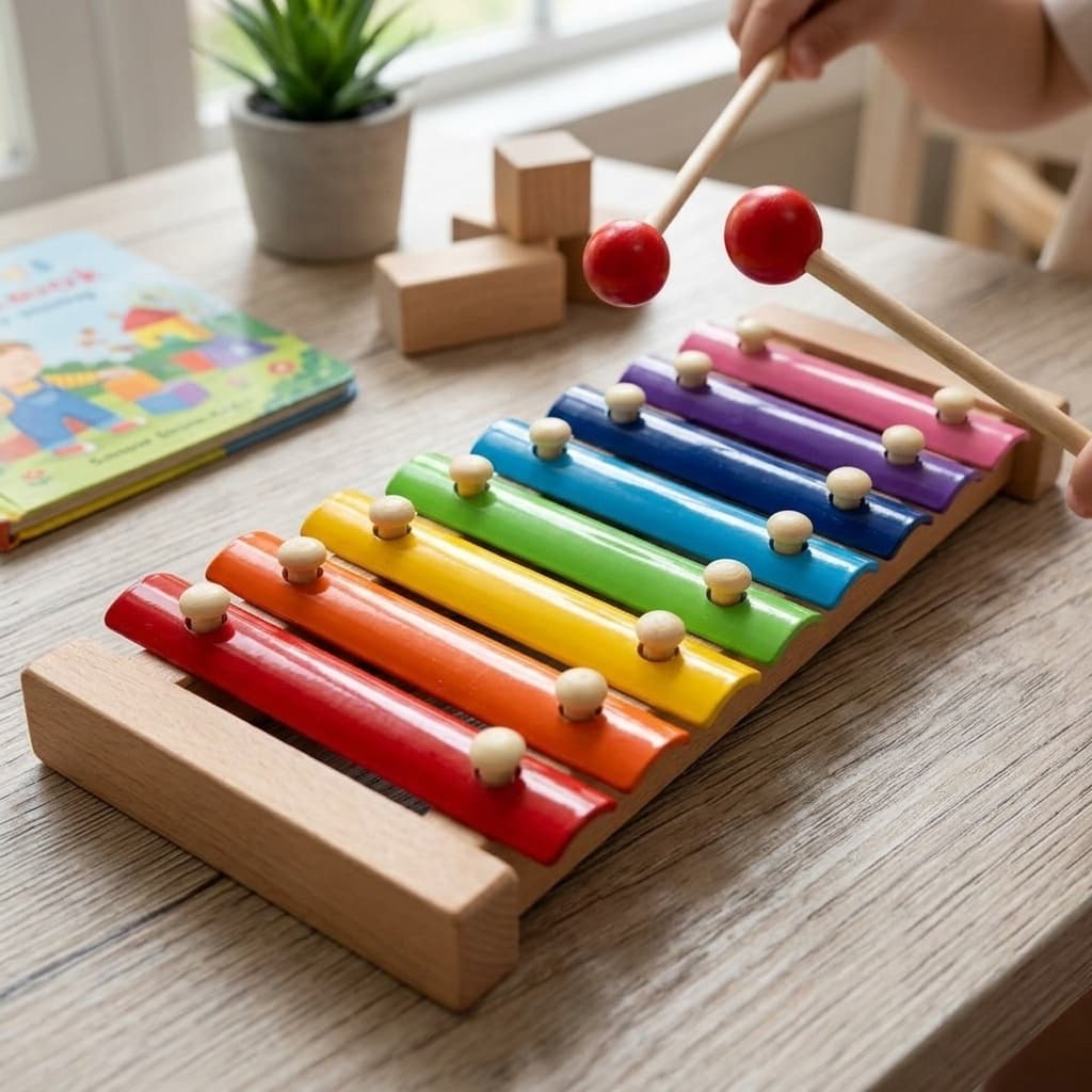 Brinquedo pedagógico Xilofone Educativo 8 Notas Madeira Teclado Musical Didático Coordenação Baqueta