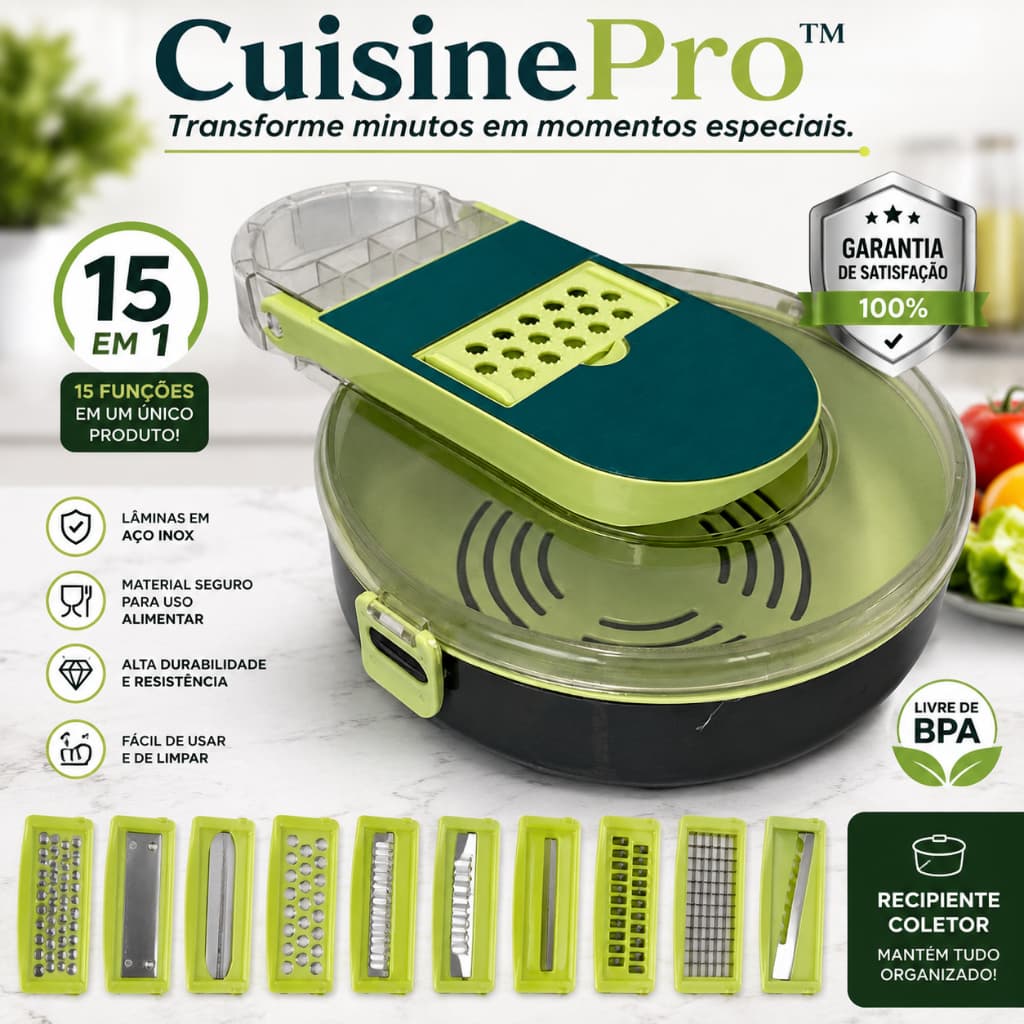 Ralador Cortador de Legumes Multifuncional 15 em 1 com Lâminas em Aço Inox e Recipiente Coletor