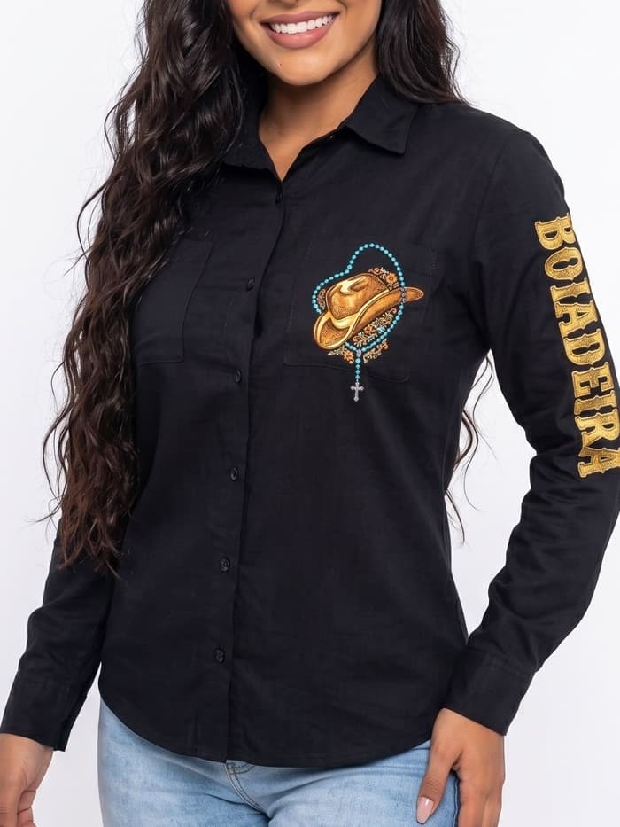 Camisa Feminina Country Camisete Agro Manga Longa Personalizada Camisa De Rodeio Boiadeira