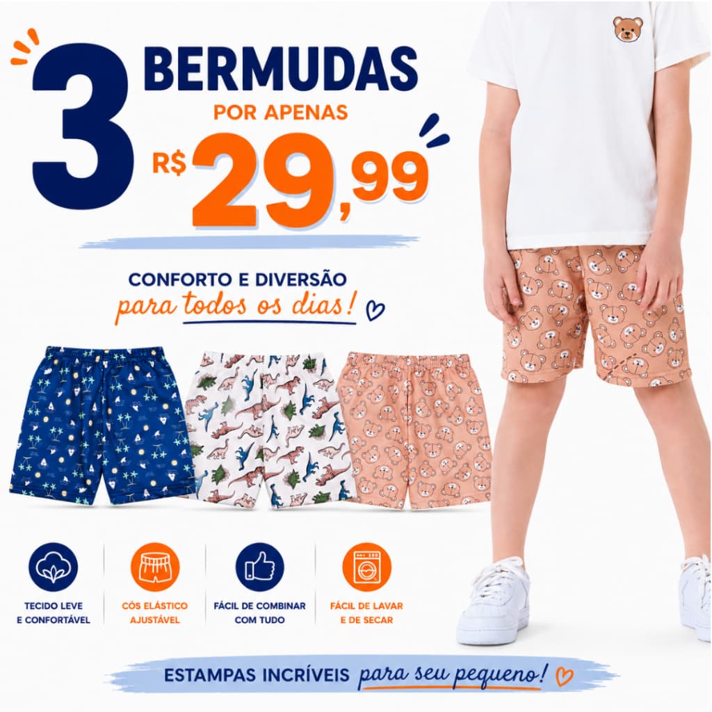 Kit 3 Bermudas Moletinho Infantil Menino Estampado Verão 2 ao 8 anos