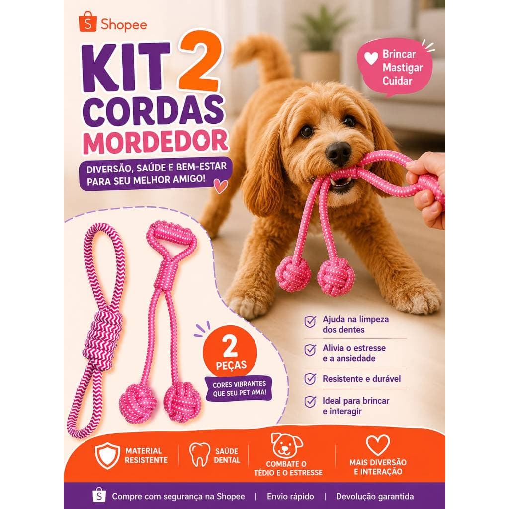 Kit 2 Brinquedos Pet Cachorro Corda Puxador mordedor 30cm Resistente Cães