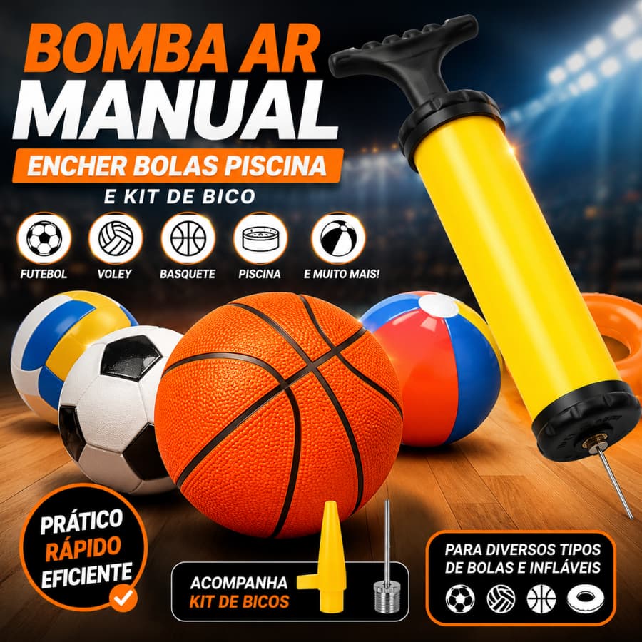 Bomba Ar Manual Encher Bolas Piscina E Kit de Bico Futebol Voley Basquete Laranja