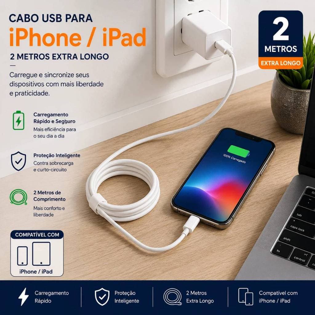 Cabo USB C 2M iPhone 14 13 12 11 Pro Max Mini XR XS Original Fast Charger Dados MFI Compatível