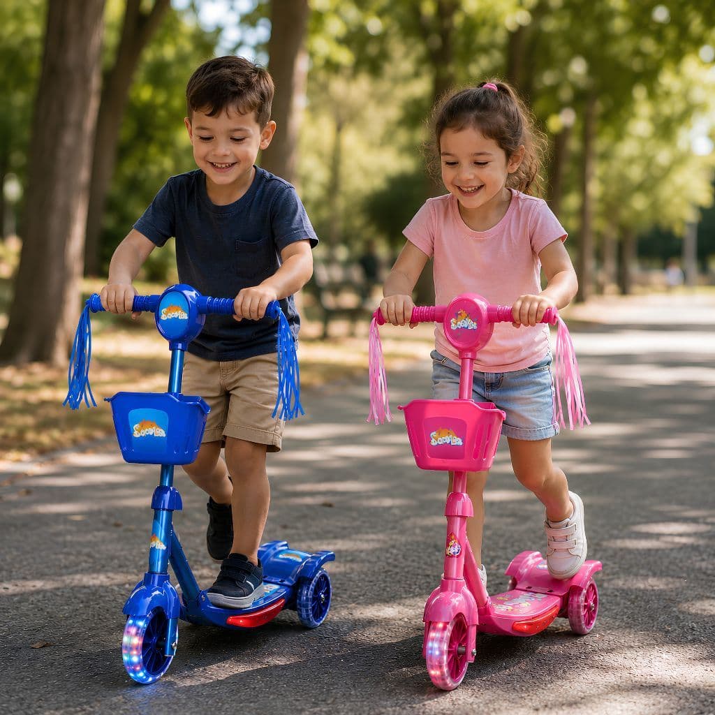 Patinete Infantil Dobrável 3 Rodas Luz Som Rosa ou Azul Dia das Crianças Presente  Desmontável Seguro Divertido Passeio