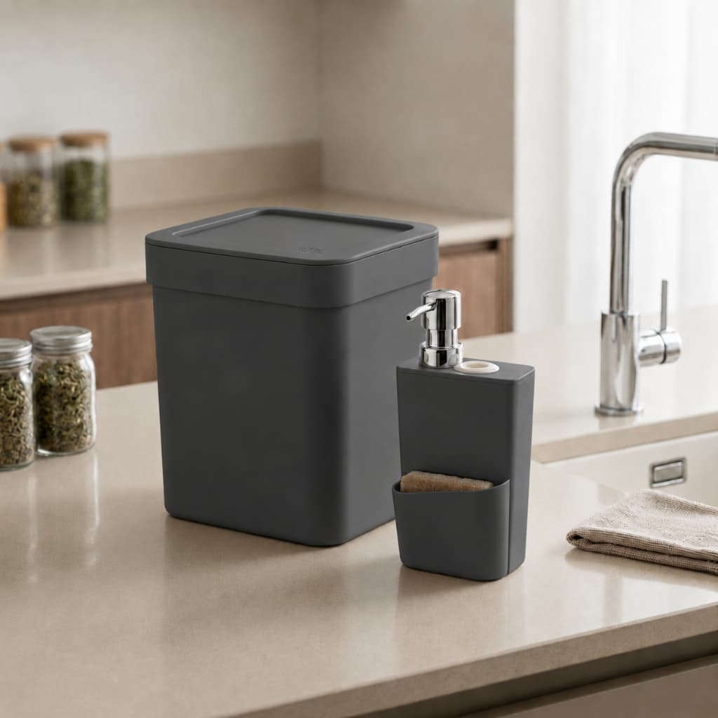 Kit Pia Cozinha Ou Lixeira Trium 4,7l E Dispenser Detergente - Chumbo