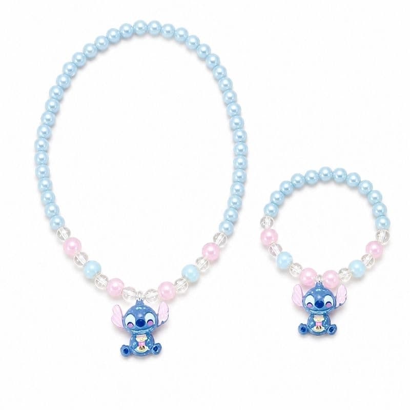 Kit Colar + Pulseira Infantil Stitch Kawaii com Miçangas Coloridas
