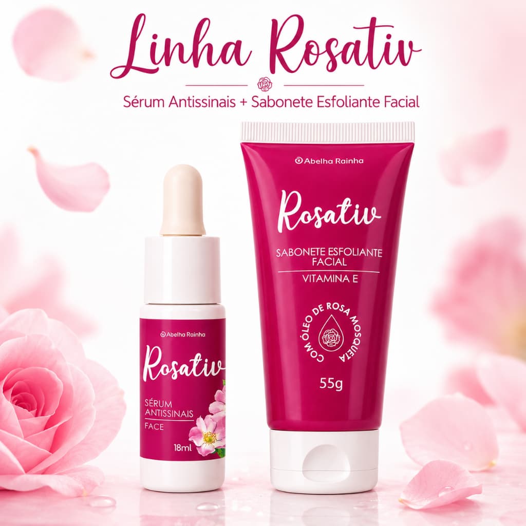 Kit Rosativ Abelha Rainha Sabonete Esfoliante Facial 55g  Sérum Antissinais 18ml com Rosa Mosqueta