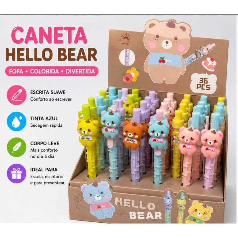 Caneta Hello Bear Retrátil Ursinho Kawaii Escrita Macia Escolar Escritório | 1, 2 ou 3 Unidades