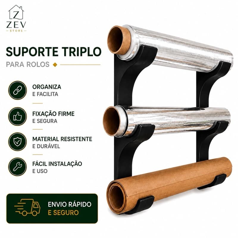 Suporte Organizador para Papel Alumínio, Filme Plástico e Papel Manteiga | Porta Rolos para Armário de Cozinha