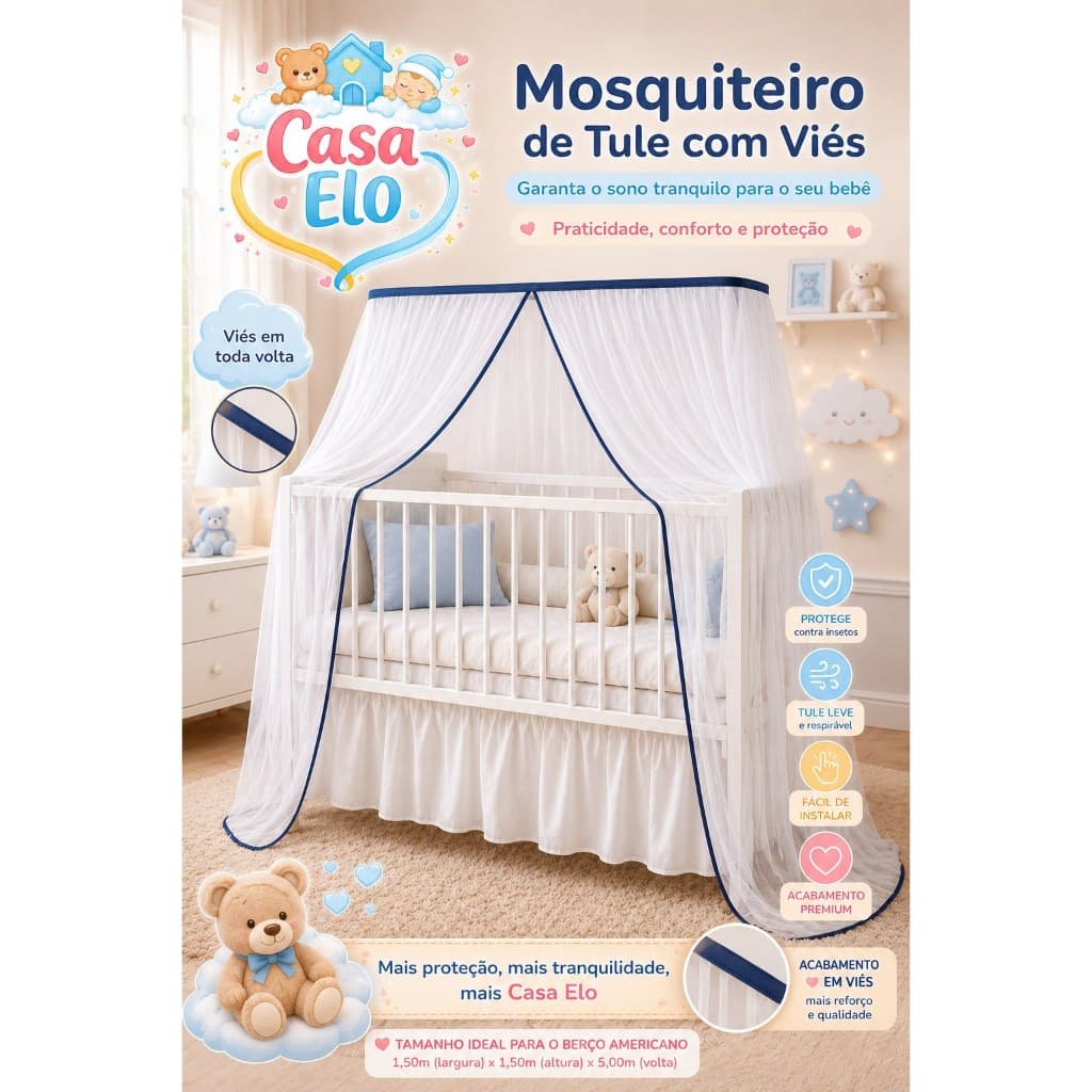 Mosquiteiro Para Berço Americano Tule com Viés Proteção Contra Mosquitos Bebê
