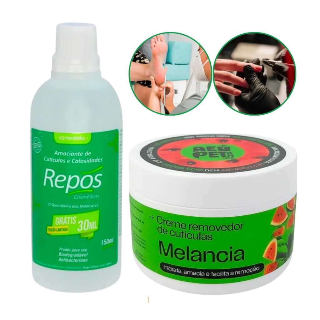 Kit Amaciante de Cutículas e Calos Repos 150ml + Creme Removedor de Cutículas Melancia 120g Profissional