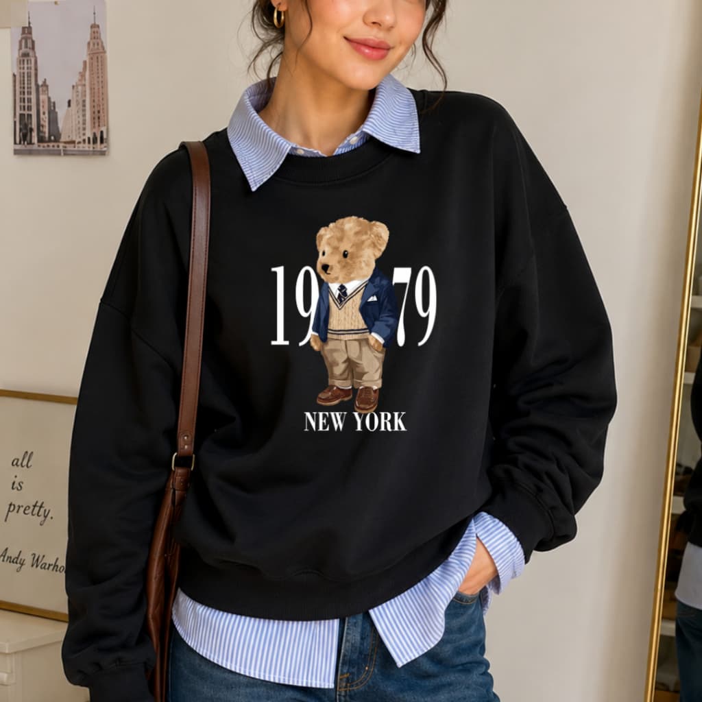 Moletom Feminino Oversized Algodão Flanelado Sem Capuz Urso Bear Blusa Frio Gola Punho Barra em Ribana Casual