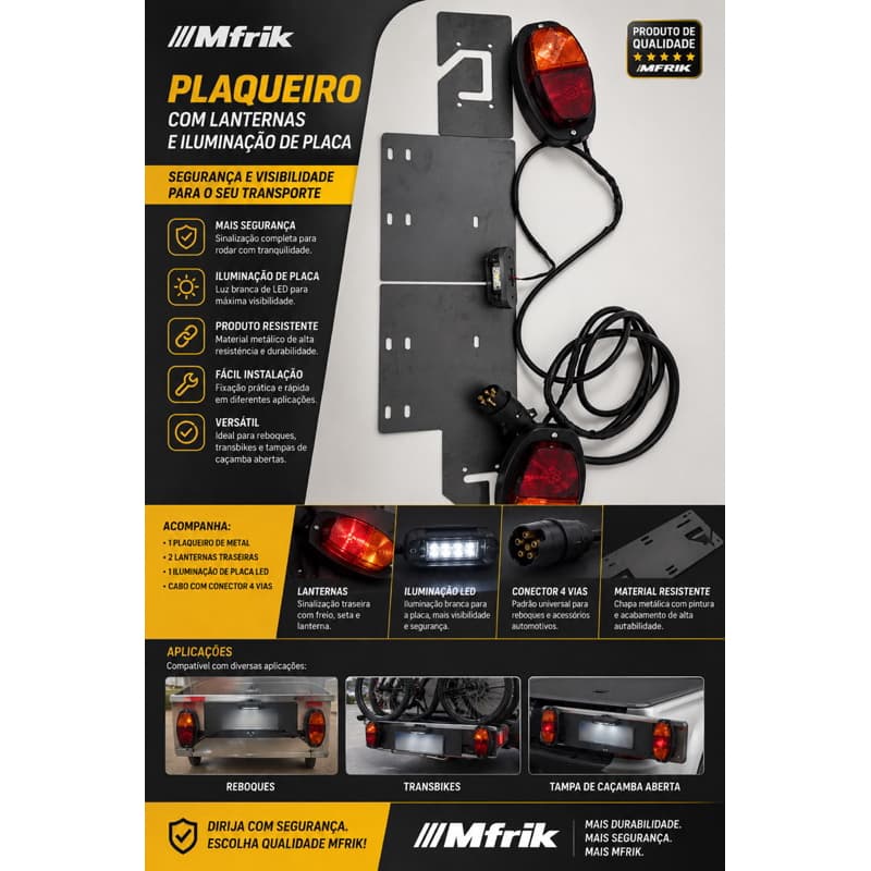 Régua de Placa Universal para Transbike e Carretinha com Lanternas e Iluminação Completa