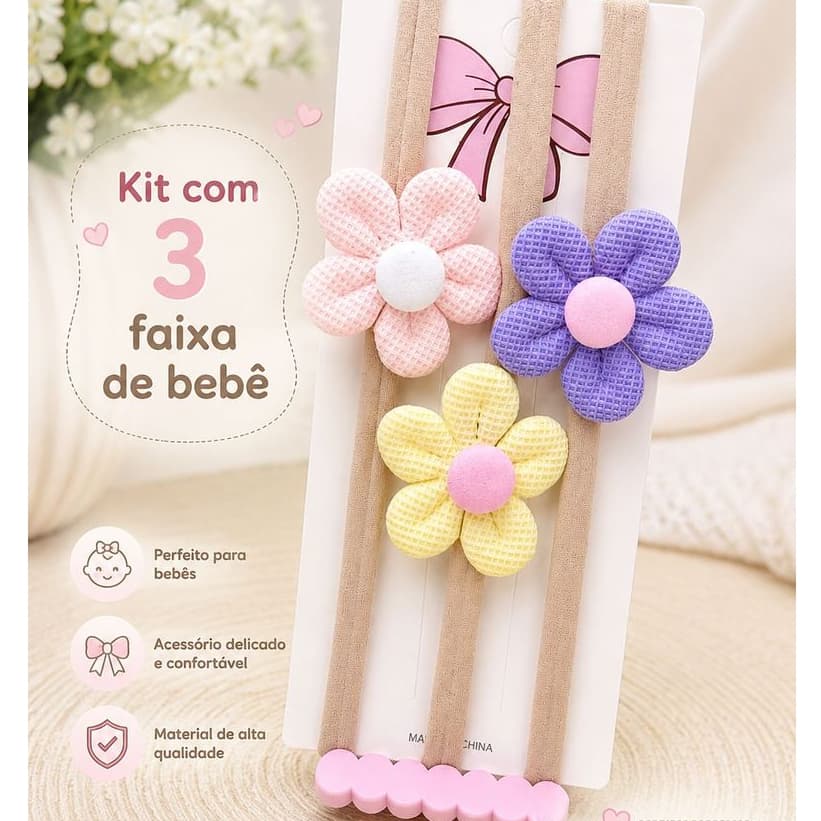 Kit 3 Faixa de Bebê na meia de seda de florzinha