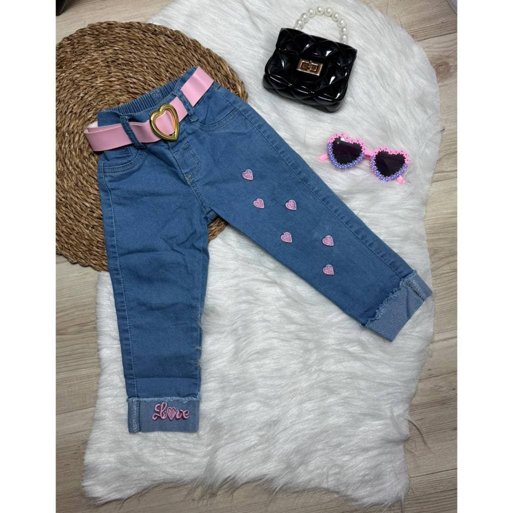 Calça Jeans Meninas com Lycra Bordado Coração