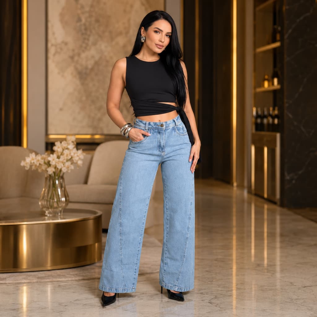 Calça Wide Leg com Recorte Frontal Cintura Alta Feminina - A.Ming Jeans