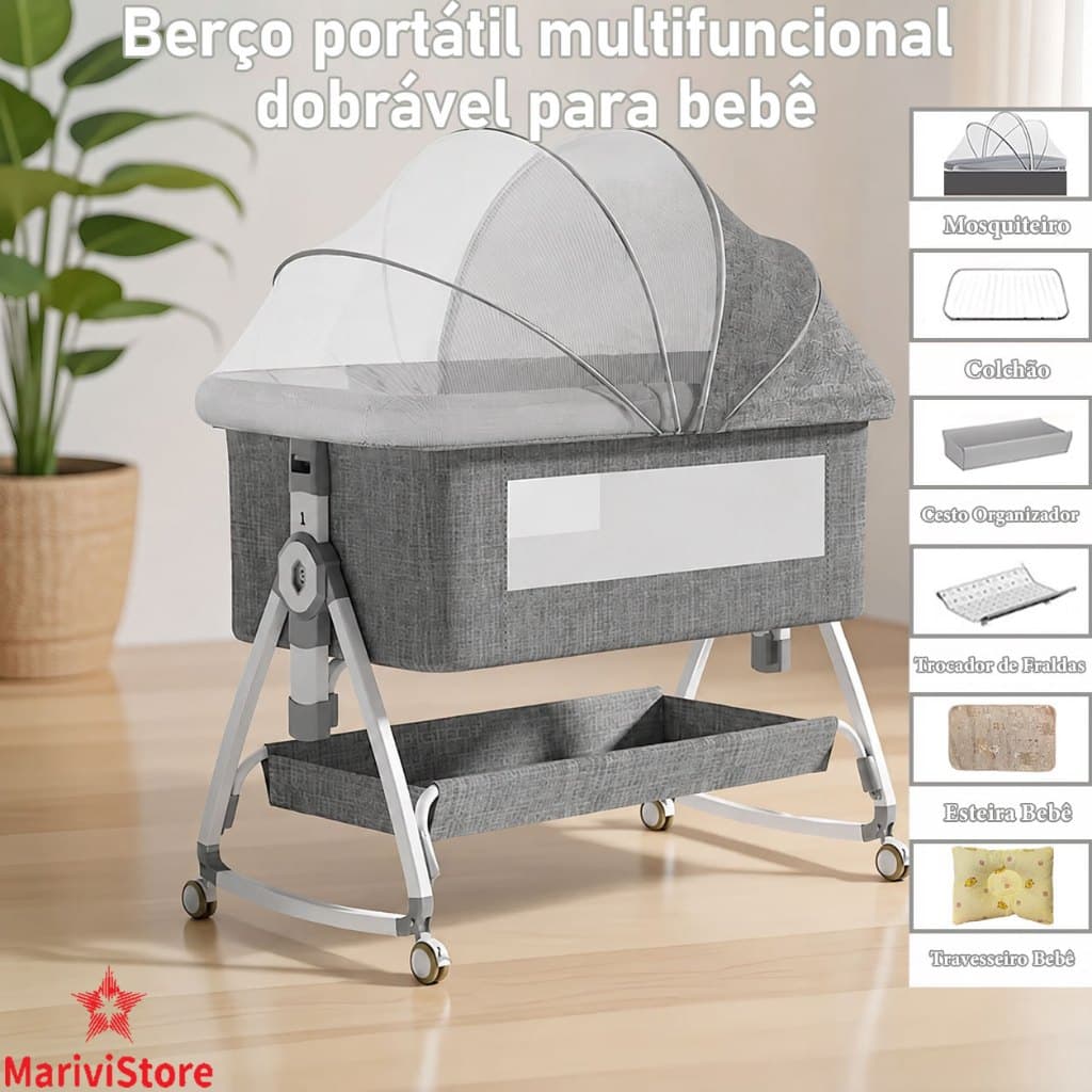 Berço Dobrável Bebê Portátil 3 em 1 com Rodinhas 360° Mosquiteiro Trocador Colchão e Travesseiro