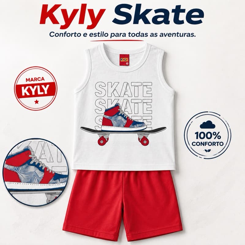 Conjunto Infantil Menino Kyly Regata Estampa Skate + Bermuda 100% Algodão Tam 4 ao 8