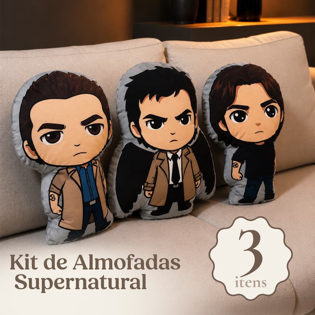 Almofadas Supernatural: Dean, Sam e Castiel - Micropercal Decorativa Geek