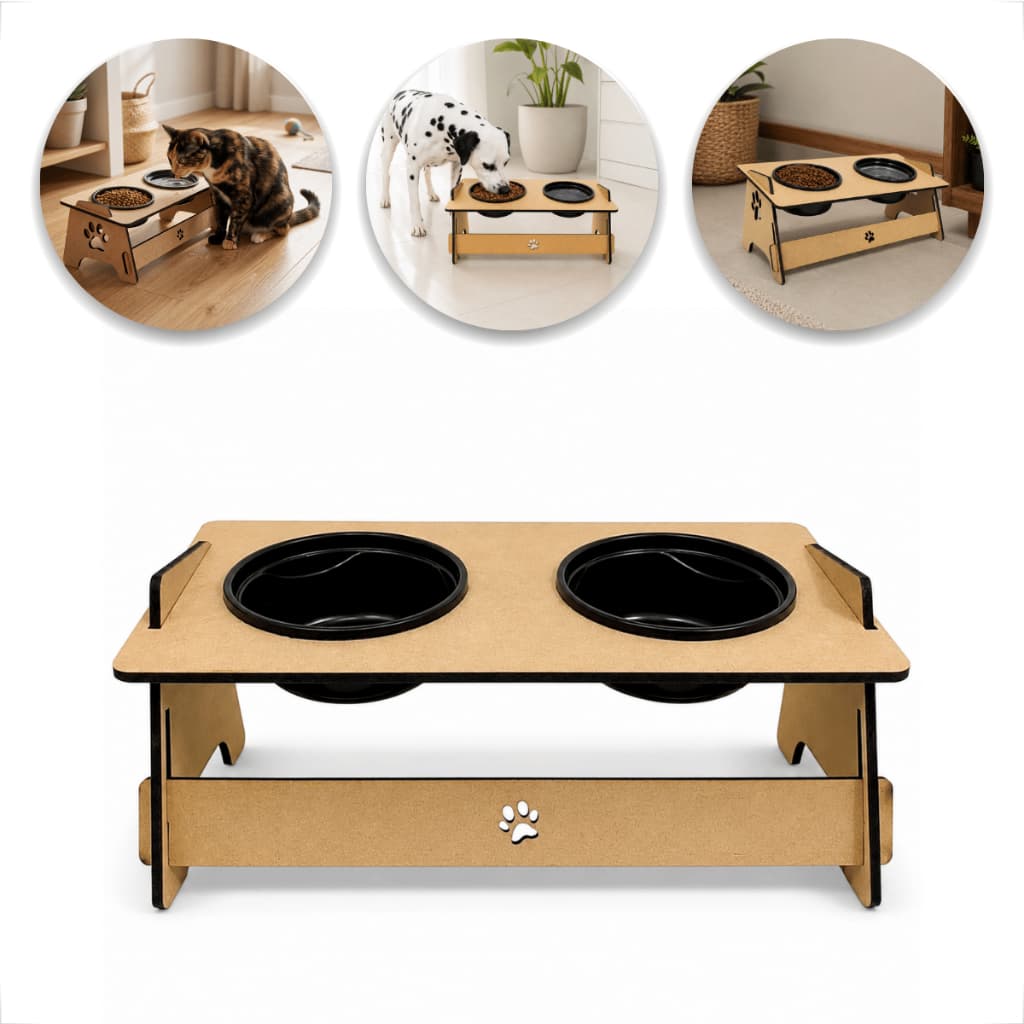 Comedouro Pet Elevado Duplo Para Pet Em MDF Saudável Com 2 Potes Plástico 350ML Moderno Minimalista