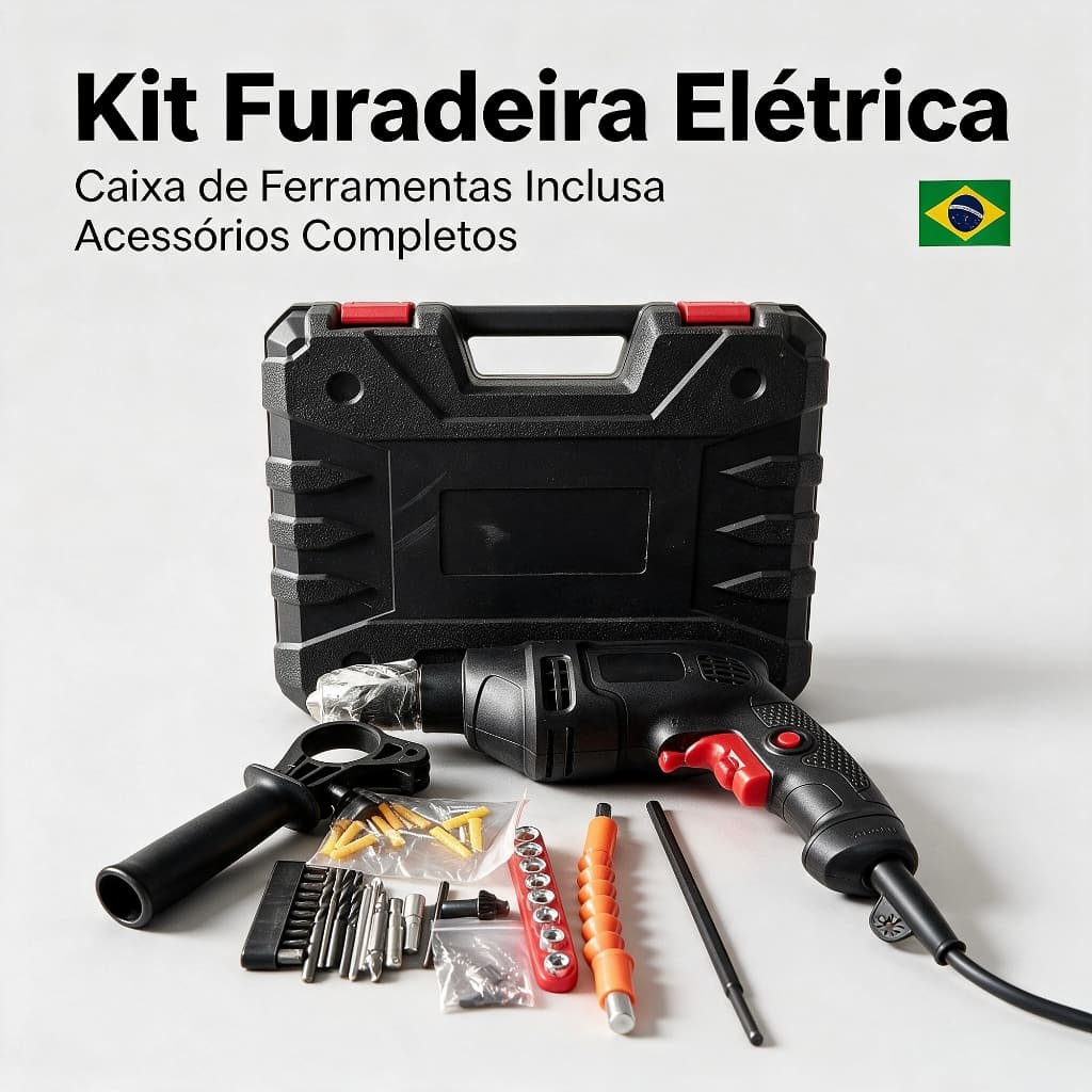 Kit Furadeira de Impacto 13mm Com Fio Bivolt Preta com Maleta e Acessórios para Madeira Metal e Concreto