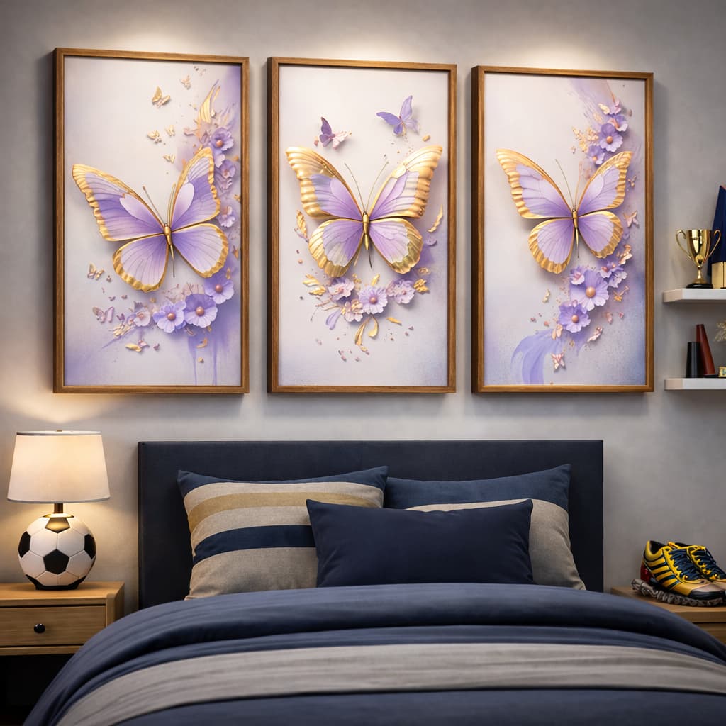 Kit 3 Quadros Decorativos Borboletas Lilás e Douradas Floral Elegante para Quarto e Sala