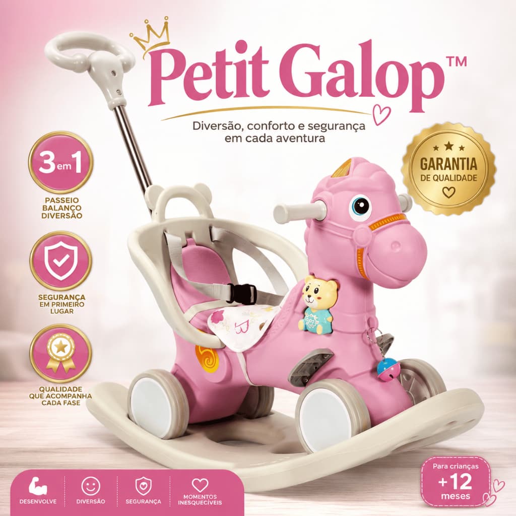 Cavalinho Passeio Balanço Infantil Empurrador Rosa Brinquedo Educativo Conforto Segurança
