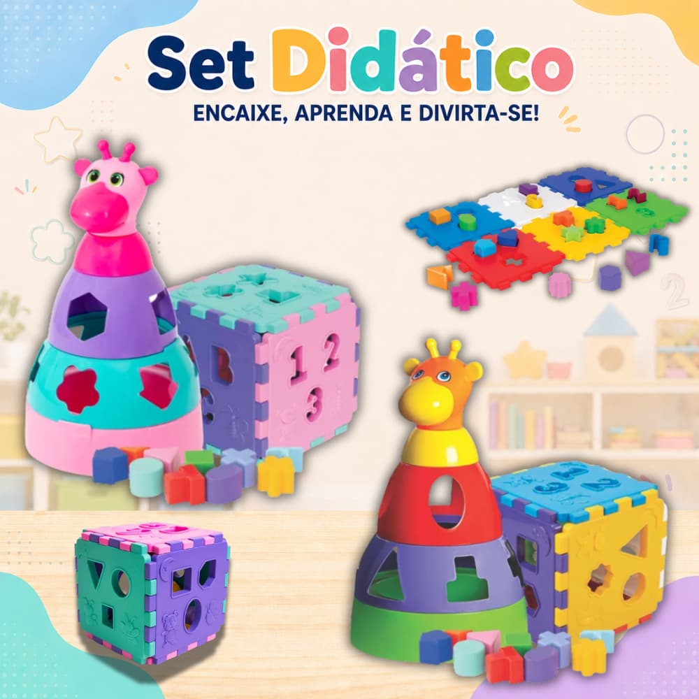 Set Didático Mercotoys Cubo e Girafa de Encaixe 28 Peças Brinquedo Educativo Infantil +12 Meses
