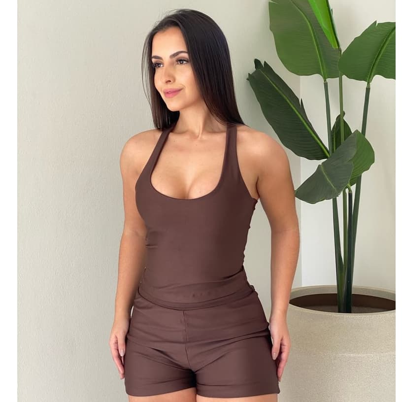 Conjunto Fitness Feminino EVOB Dual Short Duplo Marrom Tam. M