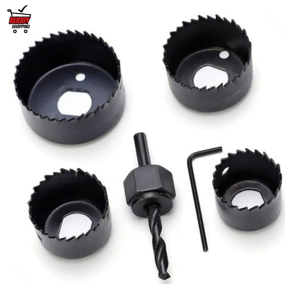 Jogo De Serra Copo Para Madeira E Plastico Kit Com 4 Serras Mandril Chave 6 Pecas Aco Carbono A3