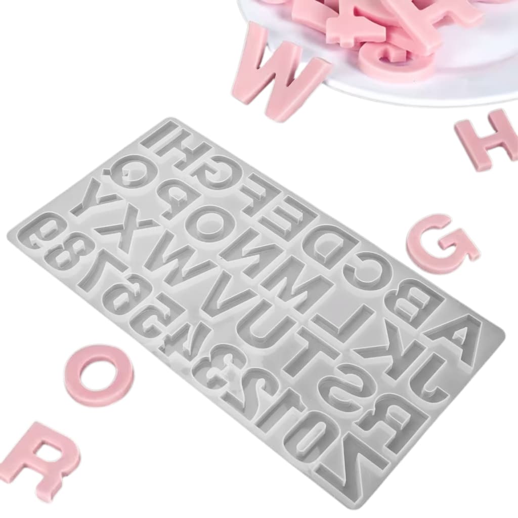 Kit 20 Moldes de Silicone Resinas Letras e Numeros Forma 0 a 9 Alfabeto Invertido de A a Z Artesanal
