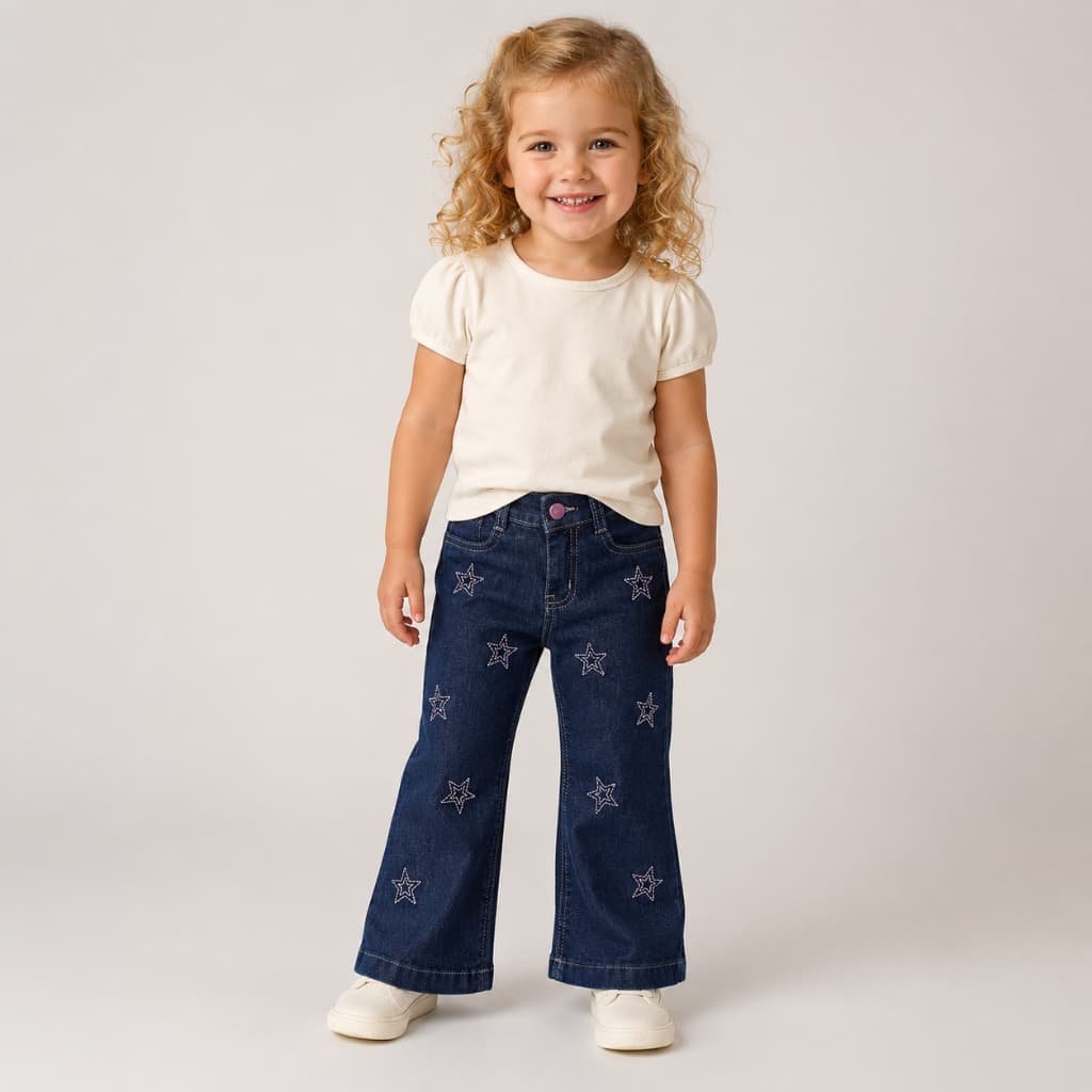 CALÇA JEANS FLARE ESTRELA INFANTIL BEBÊ MENINA REGULAGEM NO CÓS 01, 02, 03 ANOS LORDAN