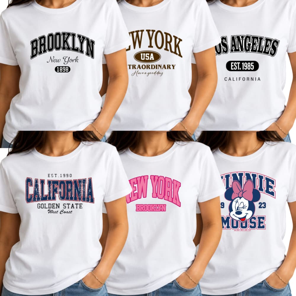 Camiseta Feminina Branca Básica Casual Cidades Brooklyn New York Los Angeles California Minnie 100% Algodão Moderna