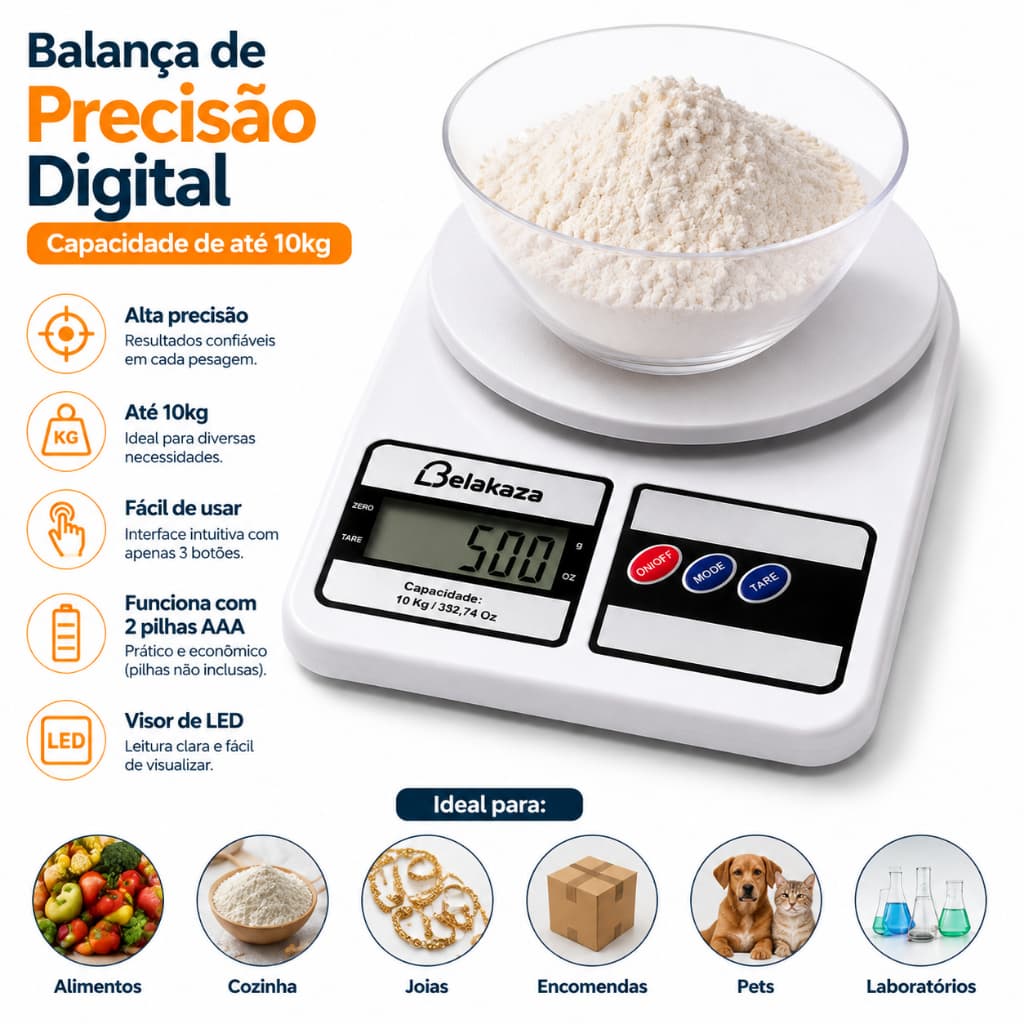 Balança Digital Cozinha 10Kg Precisão Balança de Alimentos Belakaza Utilidades