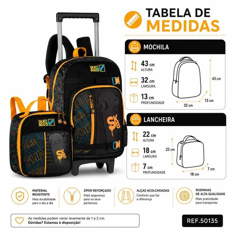 Kit Mochila Carrinho 2 Pecas Escolar SK8 50135 Alca Carona Para Skate Original Dia A Dia