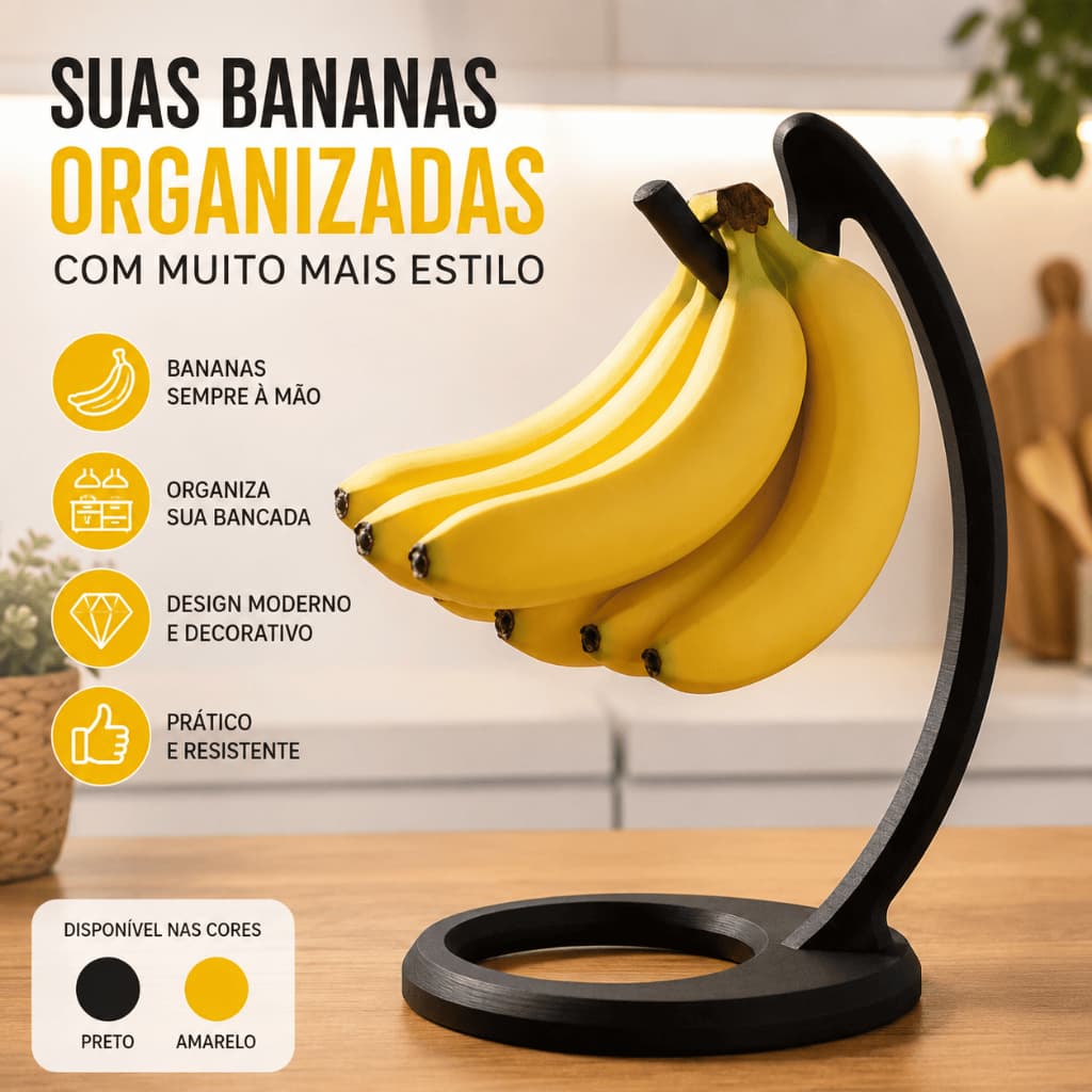 Suporte para Bananas de Mesa Fruteira Gancho Organizador de Frutas – Preto ou Amarelo