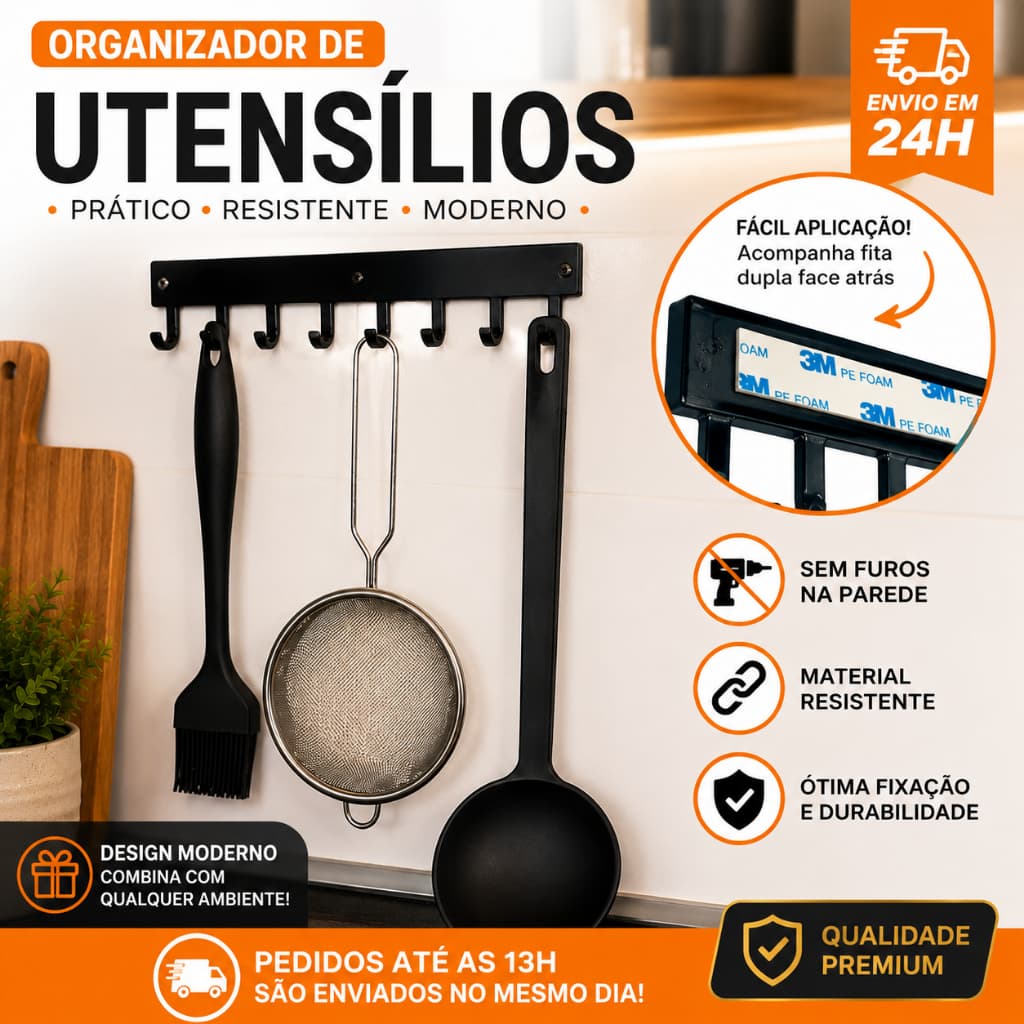 Suporte De Utensílios 8 ganchos de parede cozinha organizador facil aplicação